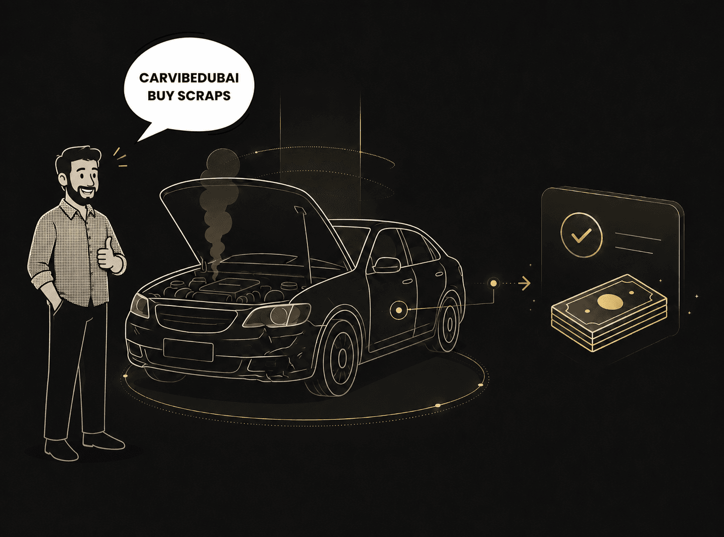 CarVibeDubai buys scrap cars - illustration of a seller trading in a damaged car for cash